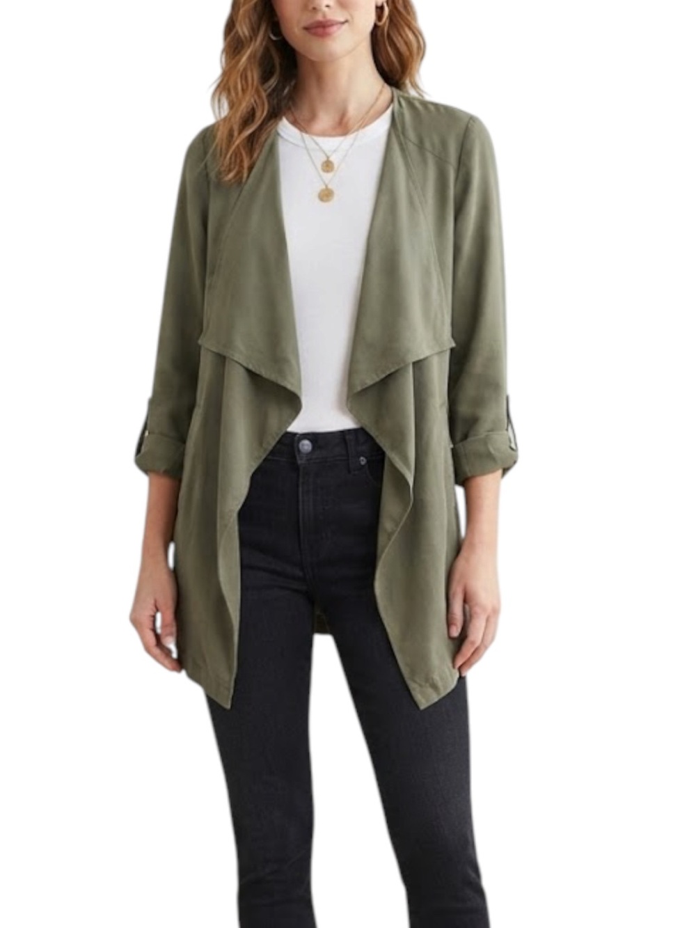 MATTESON Olive Green Tencel Waterfall Cascade Open Front Draped Jacket S
